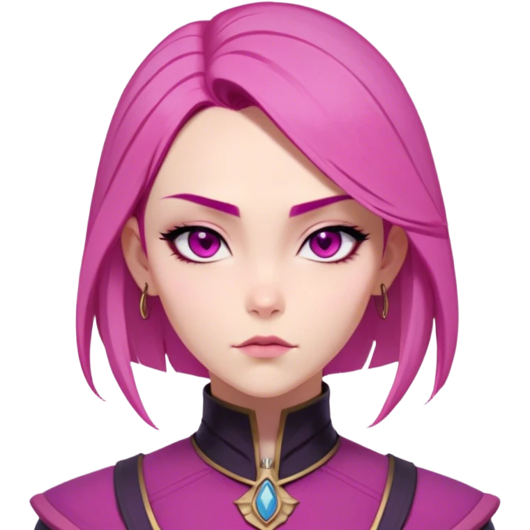 Vi from Arcane (Netflix Animation)

Face Shape: Strong, angular with high cheekbones and a defined jawline. Slightly pointed chin.
Skin Tone: Fair with a pinkish undertone.
Eyes: Large, almond-shaped, slightly downward-tilted, deep magenta/pink.
Eyebrows: Thick, sharp, slightly arched, adding to her bold expression.
Nose: Small to medium with a slightly upturned tip.
Lips: Full but not overly plump, often pursed or smirking.
Hair: Vivid pink/magenta, short and asymmetrical—left side shaved, right side with long, voluminous bangs partially covering her eye. The back is short and messy.
Other Features: Light freckles, a scar on her right eyebrow.
Expression: Intense and confident, often smirking or glaring.
Accessories: Small silver hoop earring in her left ear.
Tattoo: Roman numeral "VI" on her left cheekbone, below her eye. emoji