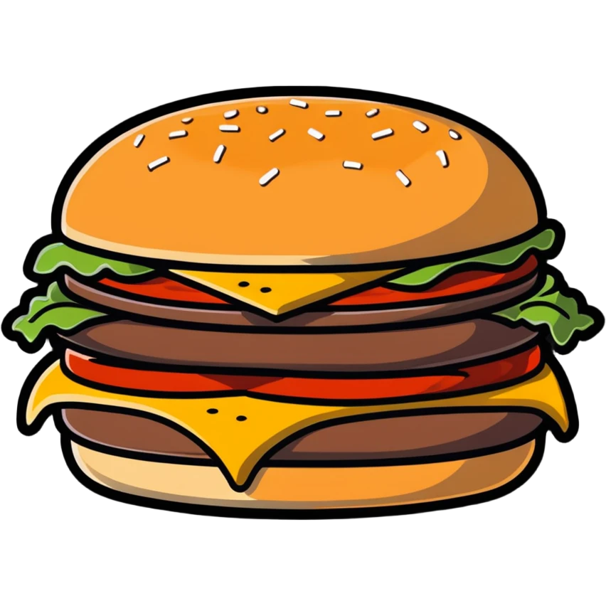 burger de chez Quick with soft bun, steak, cheese, sauce, cartoon sticker style emoji