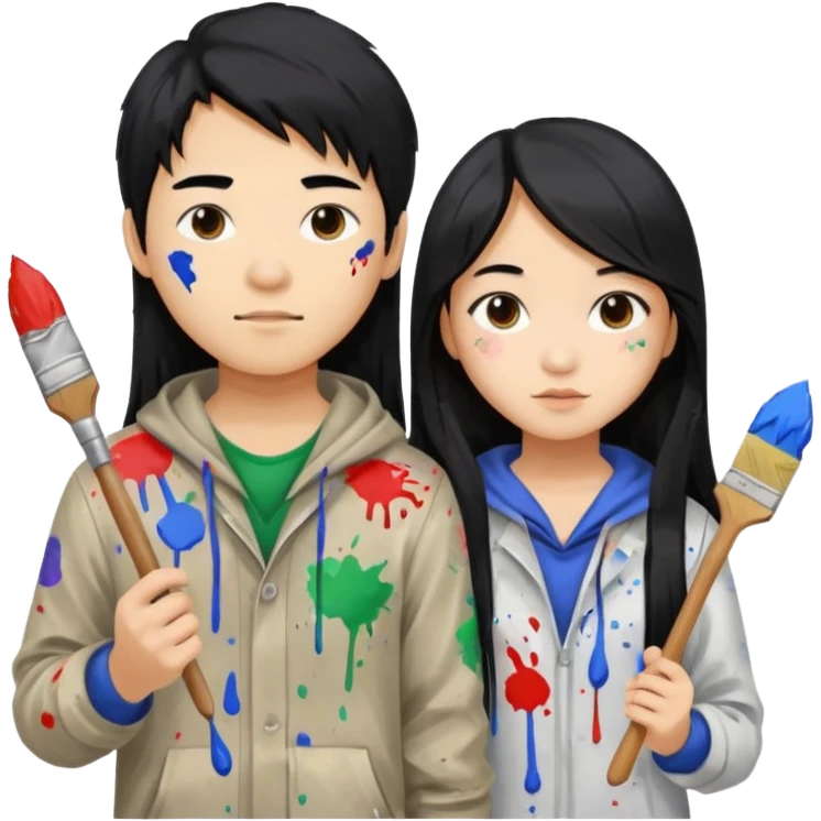 Asian boy with long hair  and girl painters emoji