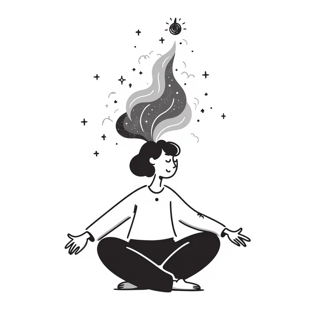 Person meditating with their spirit rising and merging with cosmic energy, spiritual ascension emoji