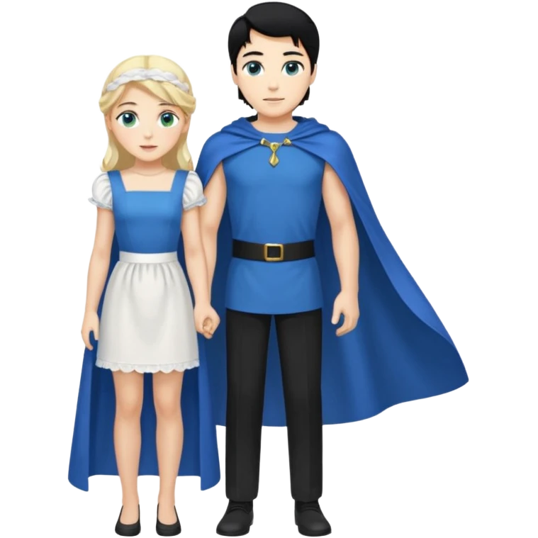 Prince with crown, blue cape and trousers, body and legs, black hair, blue eyes and maid, blonde hair, green eyes, sexy white short sleveless dress,  emoji