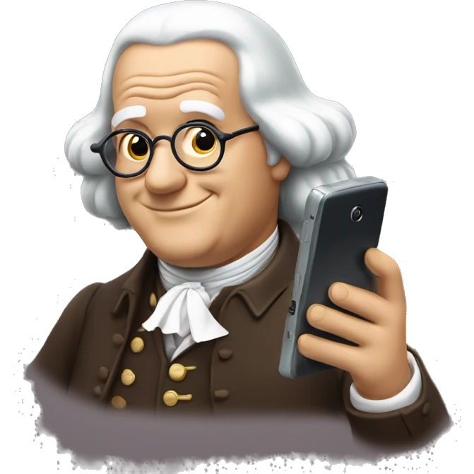 benjamin franklin playing mobile phone in one hand and showing like in another emoji