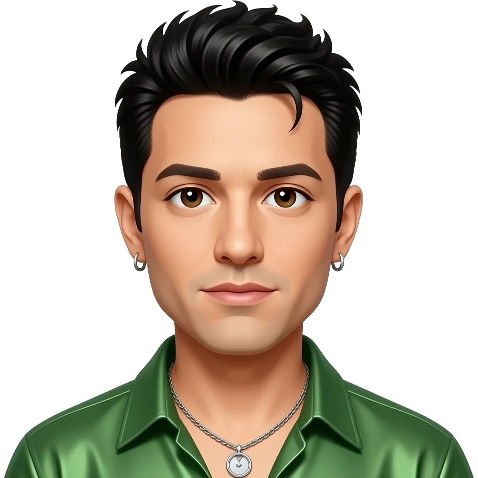 Danny Wood from NKOTB with dark brown eyes, black 90s mullet hair, green metallic shirt, necklace and earrings emoji
