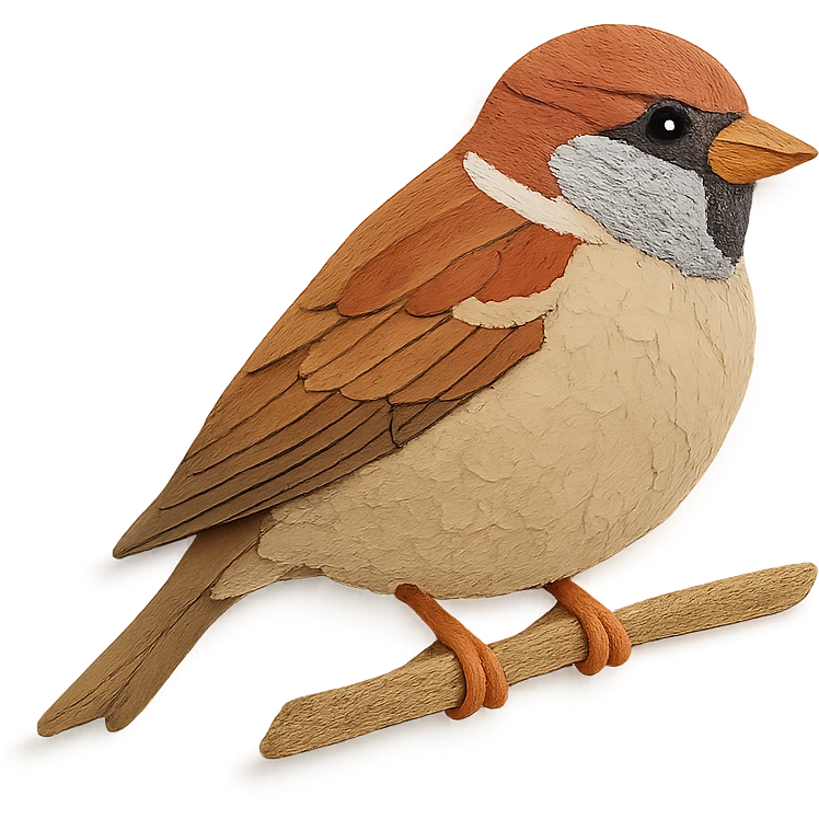 house sparrow sitting on a branch, delicate paper layers, realistic pose, soft color variations emoji