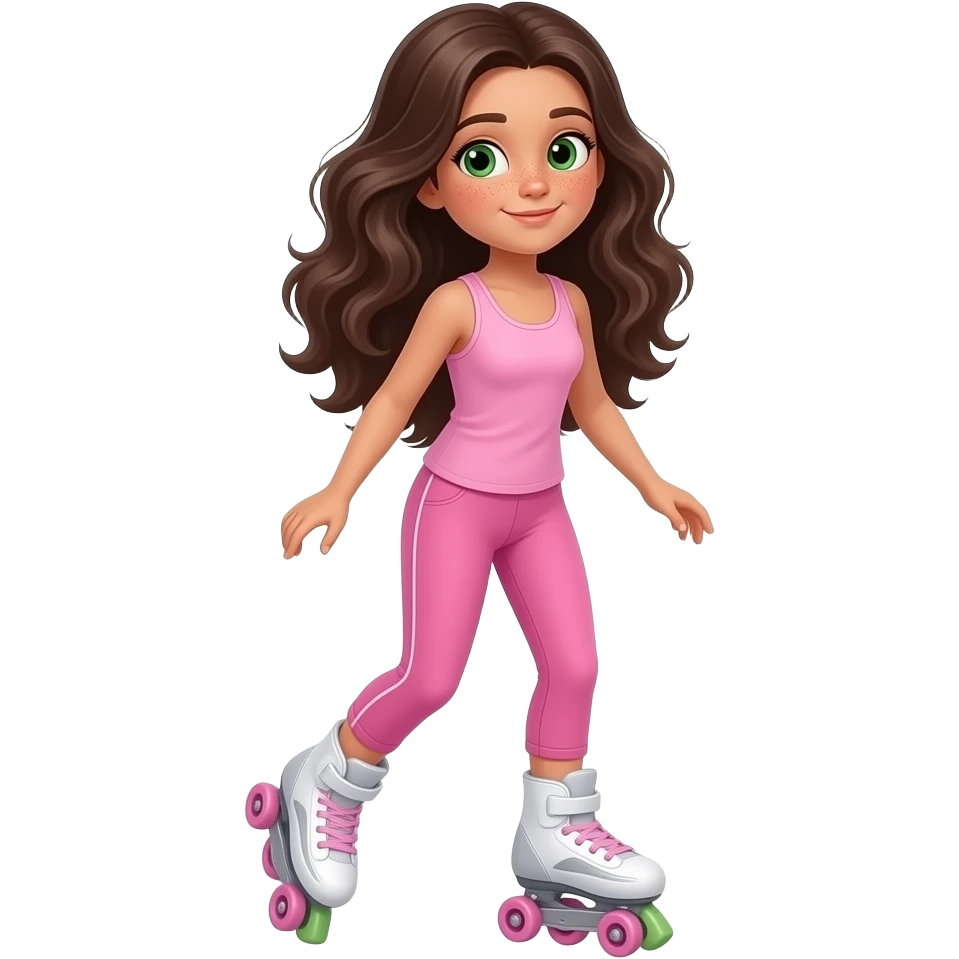 young girl in the style of iphone emoji people, fair skin, green eyes, freckles,long dark brown wavy hair, pink tank top and pink leggings, rollerblading emoji