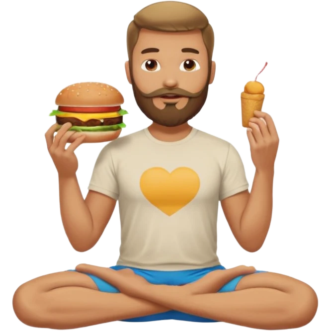 caucasian man with beard, eating burger in yoga pose emoji