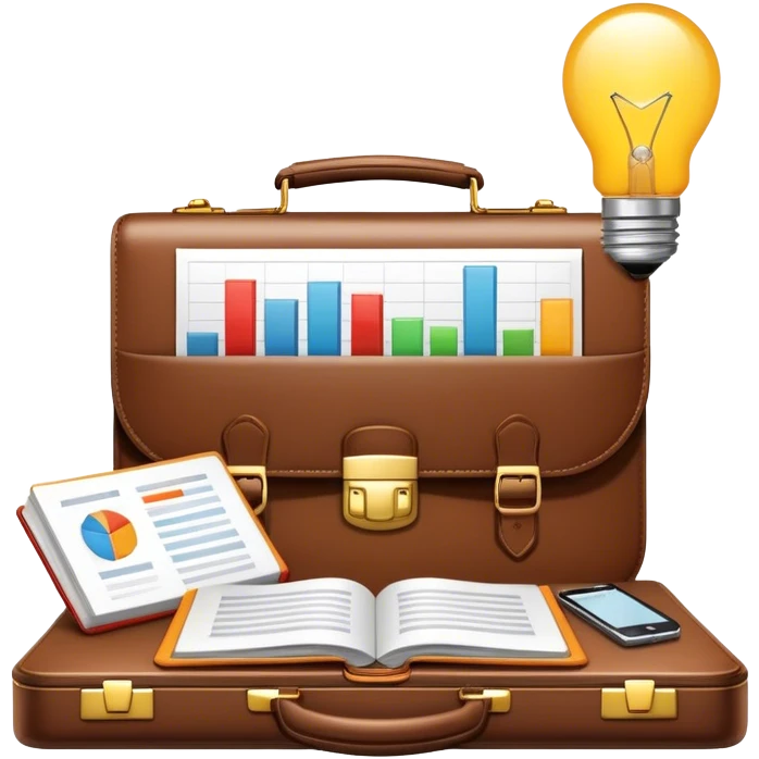 Icon for Business Reading: a prominent book at the forefront, with a briefcase, laptop, and notepad around it, along with a bar graph and lightbulb symbolizing ideas and growth. The icon should represent the knowledge and strategy of business literature. Transparent background. emoji