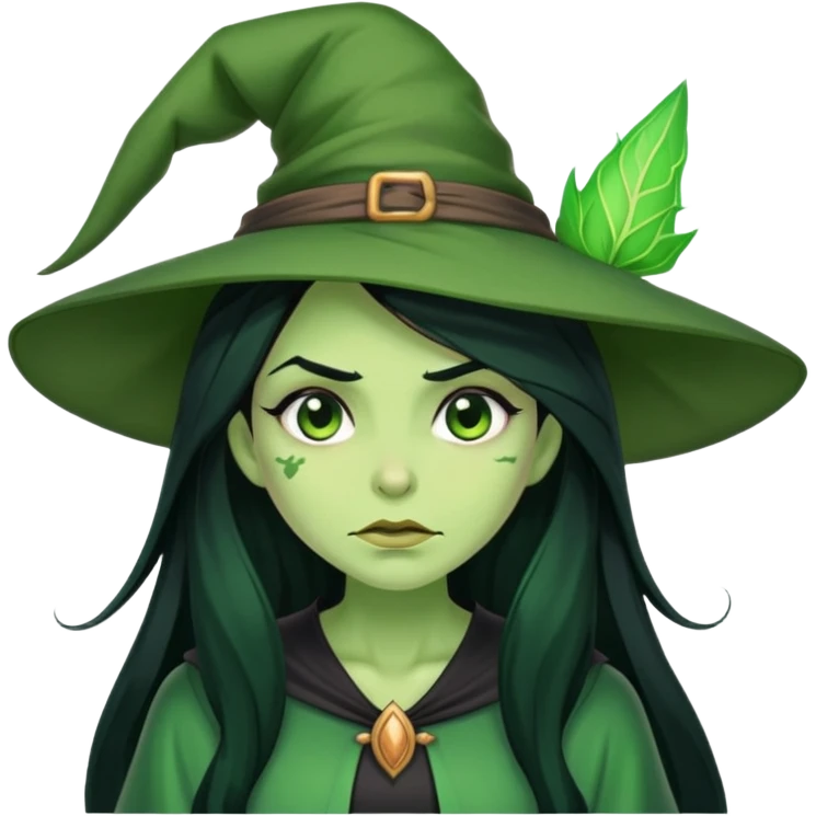 Green-skinned witch with long black hair, embarrassed expression, blushing emoji