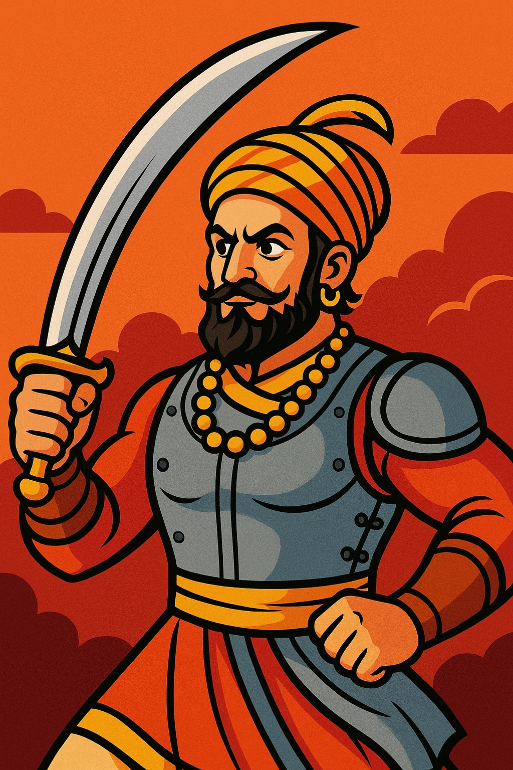 Shivaji Maharaj, bold cartoon style, wearing a turban and armor, holding a sword emoji