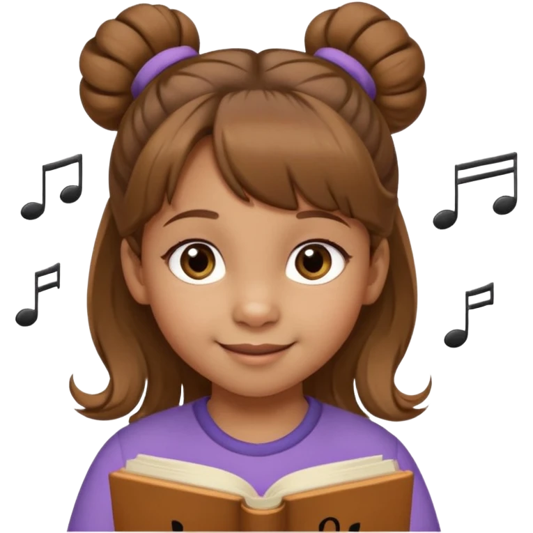 Niña de 4 años con ojos marrones claros, pelo castaño claro con dos moños altos y pelitos sueltos a modo de flequillo, nariz chata y risueña. Con nota musical emoji