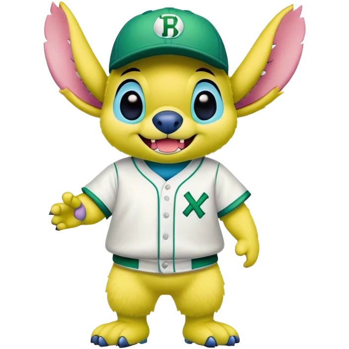 Mascotte in een baseball tenue in geel en groene kleuren met de vormen van stitch  emoji