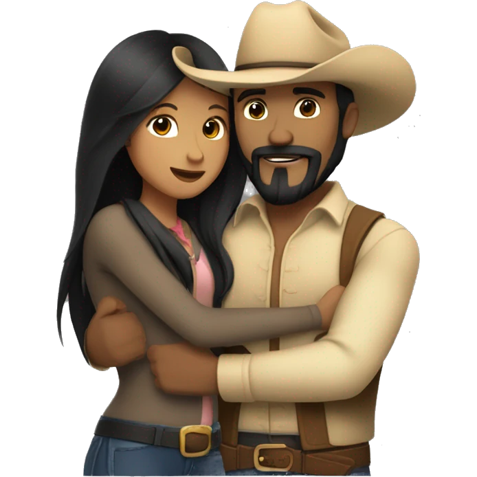 Girl with light brown skin and long black straight hair hugging a man with tan skin and a cowboy hat that has a black beard and mustache.  emoji