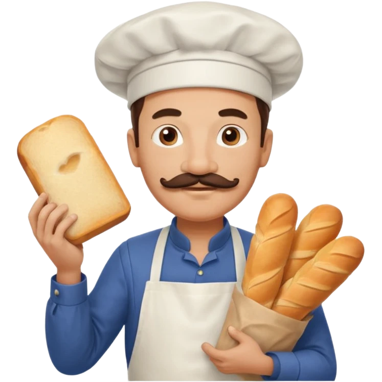 Middle aged male pastry chef - with a mustache, apron, white hat, holding a bag of bread emoji