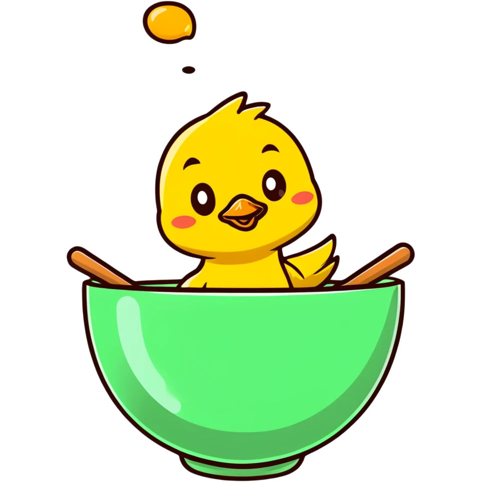 cartoon sticker style duckling in a bowl of honey, asking for help emoji