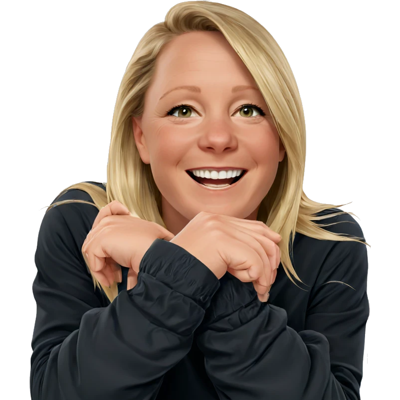 blonde girl with joyful smile emoji