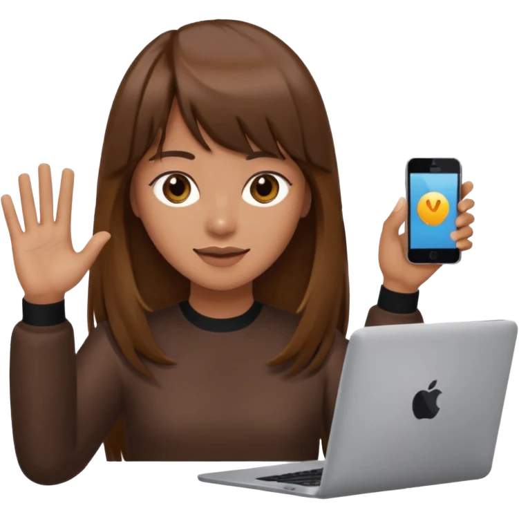 a designer with tan skin long brown hair bangs waving with computer emoji