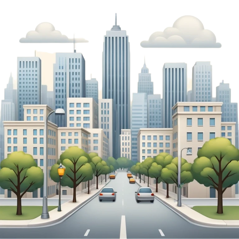 A typical city with mid-sized buildings, roads, streetlights, and a few trees — not a skyline of skyscrapers, but a balanced, everyday urban scene emoji