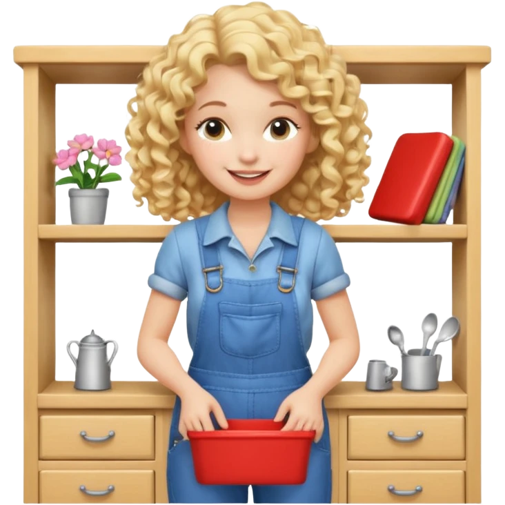 blonde curly woman arranging furniture in doll house with overalls emoji