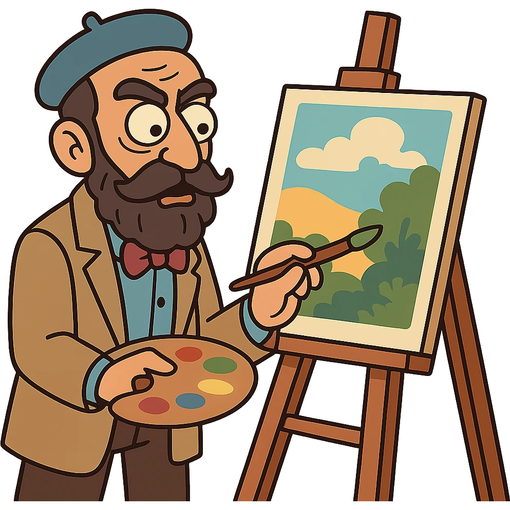 Kamal-ol-molk, Iranian painter, cartoon style, painting at an easel, vibrant colors emoji