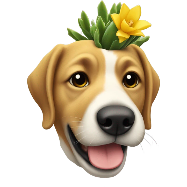 A dog with a yellow small cactus in its mouth and there aren’t prickles but there is a vein in it emoji