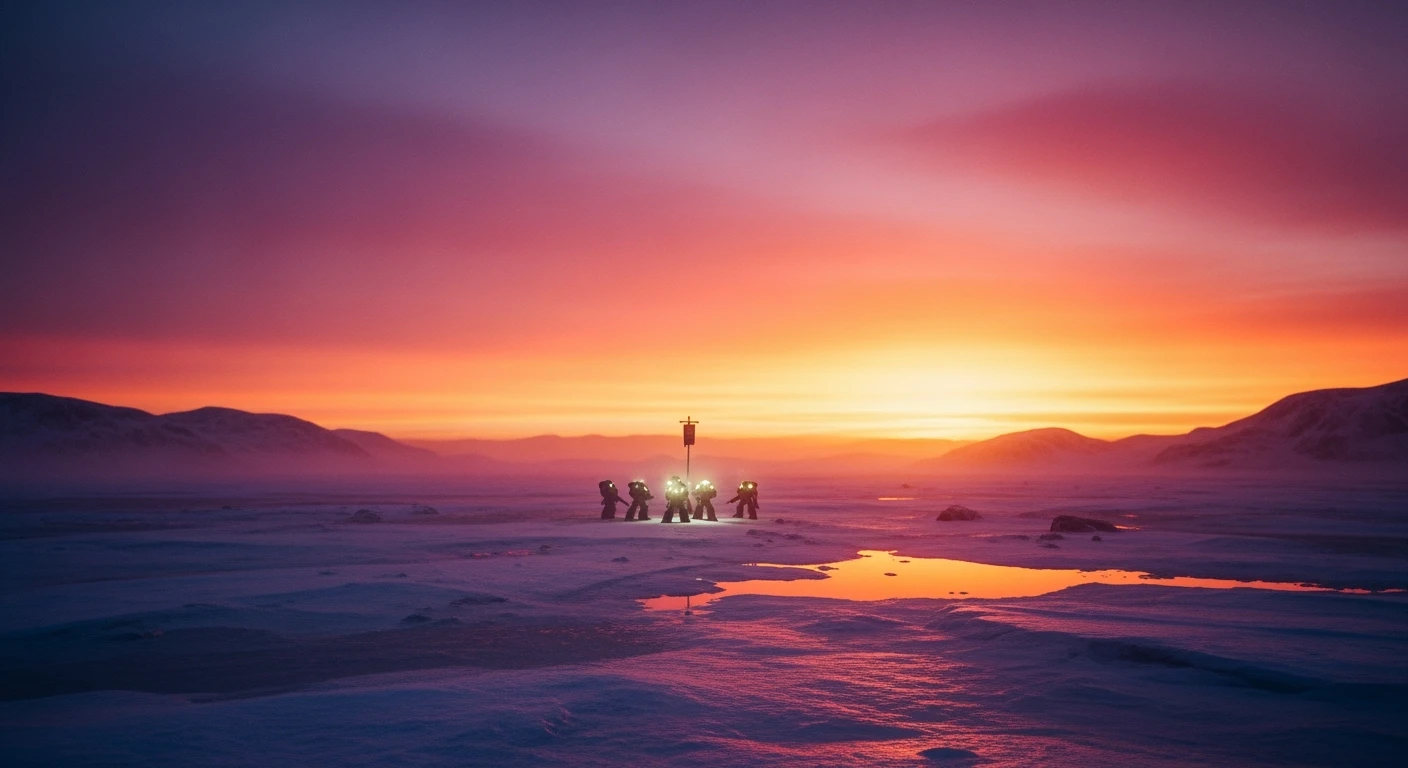 Cinematic, documentary photography, establishing shot, Warhammer 40.000 new title, in the style of snow scenes, ARRIFLEX 35 BL Camera, Canon K35 Prime Lenses, ethereal landscape, 70mm, dedication, Sunset, warm and vibrant colors, dedication emoji