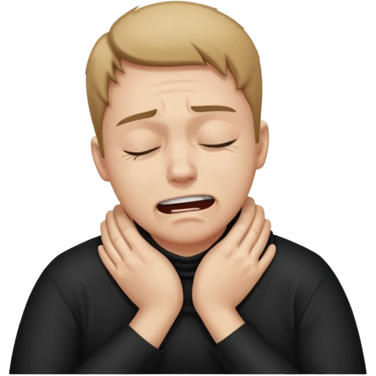 “A person with a pained expression, eyes shut, clenching their teeth, and both hands wrapped around their neck, as if choking or struggling to breathe. Wearing a black shirt against a plain white background. Emotion: pain, distress, or choking.” emoji