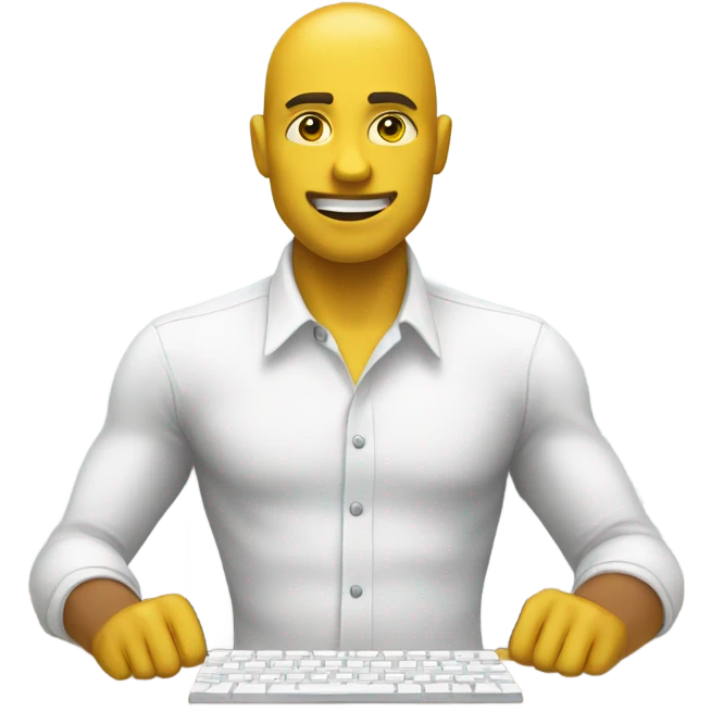 yellow skin man using white keyboard on desk wearing white button down shirt front view emoji