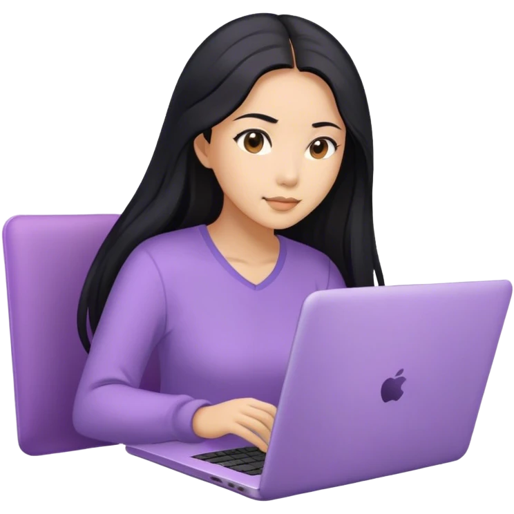 Long hair asian woman working on lavender laptop with brown eyes emoji