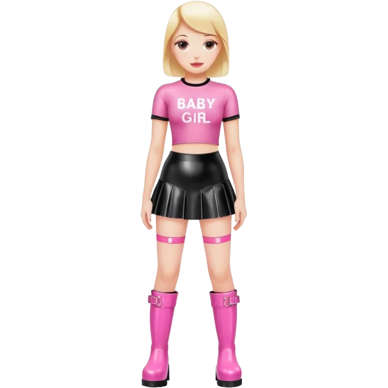 Mini latex skirt and boots and short top with pink inscription “Baby girl” emoji
