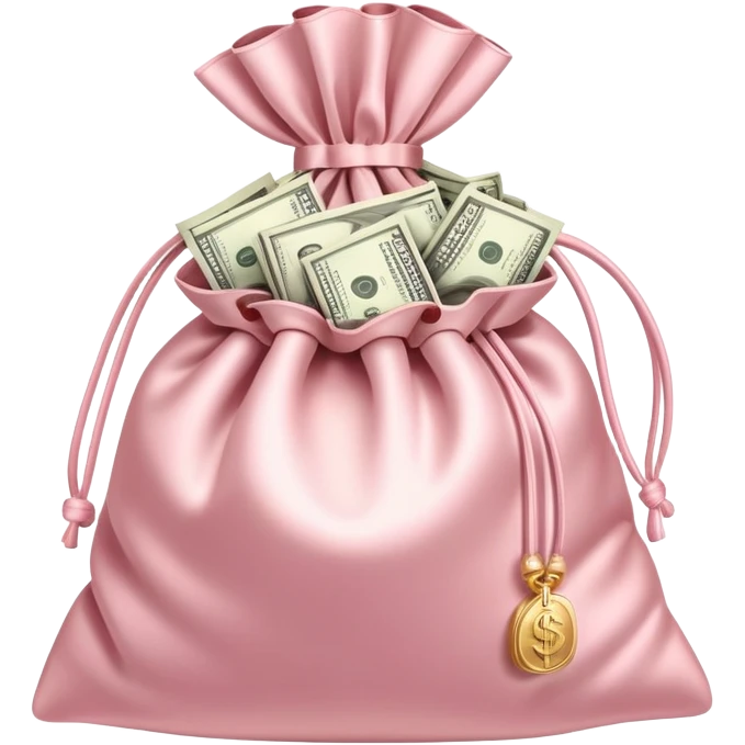 Soft pink satin money bag overflowing with cash, subtle luxury, no logos emoji