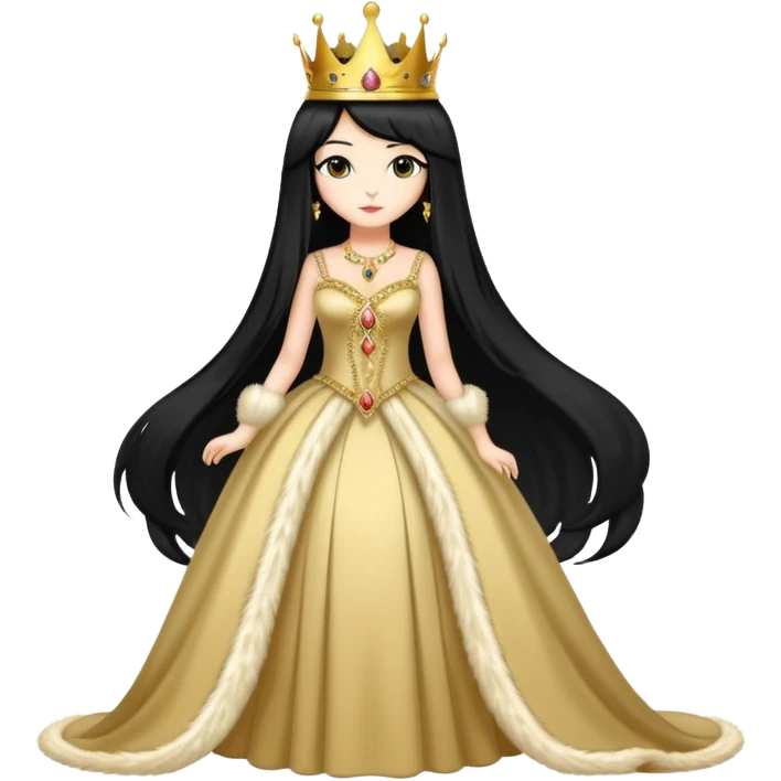 regal cat wearing a crown and elegant dress, long black wig emoji