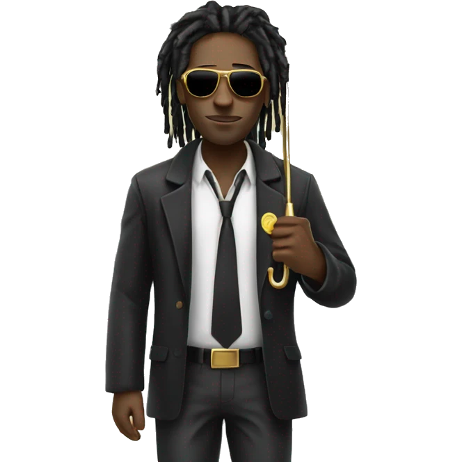 Black male with dreadlocks wearing gold sunglasses holding an umbrella for the rain but instead of rain its money  emoji
