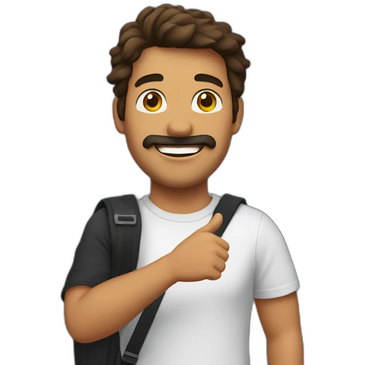 A stereotypical Portuguese young man waving with a big smile, a mustache, a bit of beard on the chin and a brown mullet, wearing a black t-shirt and a chest bag emoji