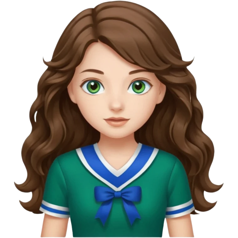 A pretty girl has blue eyes, her hair is brown long wavy hair, and wear green Hawkins cheerleader uniform emoji