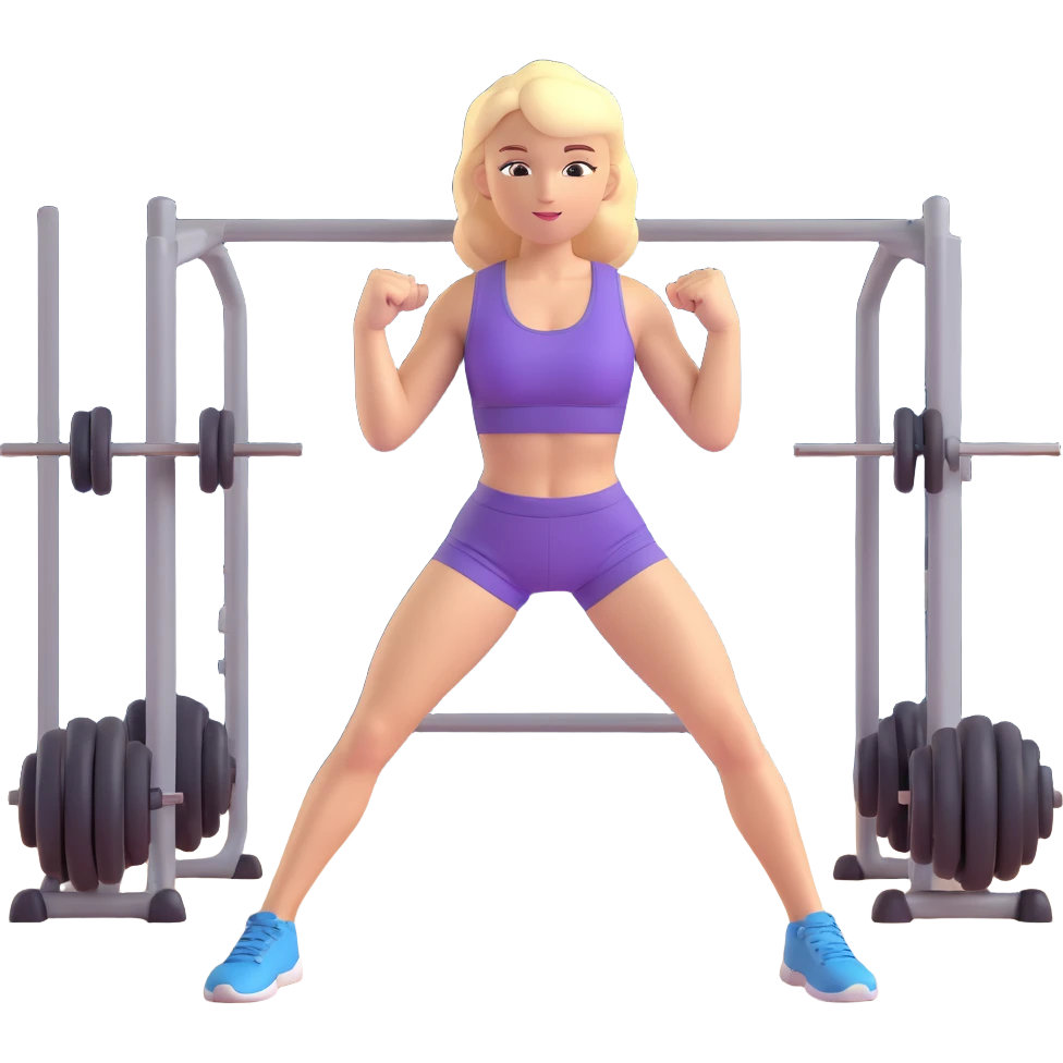 starkes, blondes Mädchen, das stolz im Fitnessstudio steht, sportliche Pose emoji