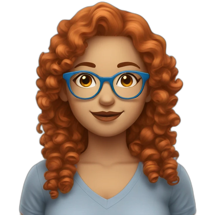 pretty curvy girl with curly copper hair and blue glasses saying hola emoji