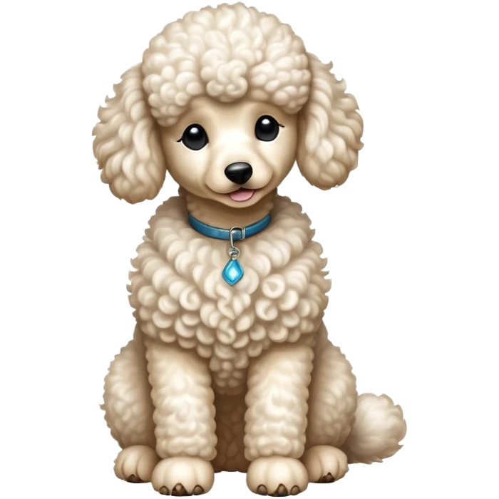 cinematic-[poodle]-realistic-full-body-sitting-emoji,-tail-resting-loosely-beside-its-paws,-head-tilted-dramatically, -curly-[cream white]-fur,-simplified-yet-realistic-focused-features,-highly-detailed,-glowing-with-an-almost-sarcastic-glow emoji