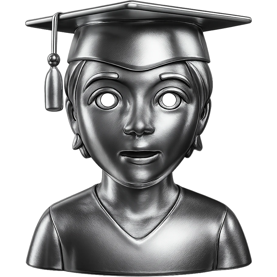 Turn this graduate emoji into a chrome style, metallic, shiny, modern, keeping the same shape and details, with no background. emoji