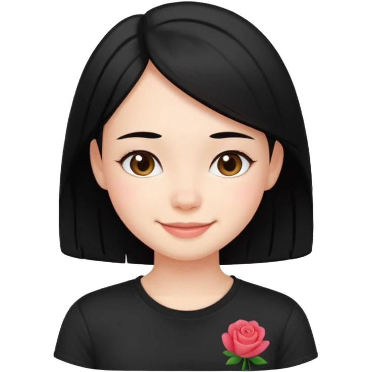 a pretty bratz fair girl with straight black hair, wearing a black tshirt, smiling emoji
