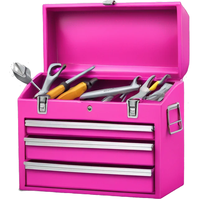 Realistic metallic hot pink tool box with top open and tools inside of it isolated.  emoji