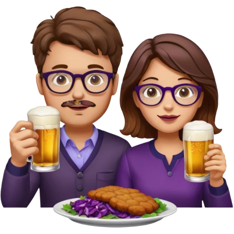German man with glasses and brown hair and woman with glasses and brown hair eating schnitzel, red cabbage, potatoes, and drinking a beer emoji