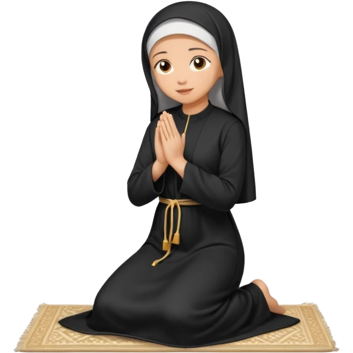 Light skin Muslim woman in plain black abaya side profile praying on prayer mat  holding up hands to god emoji