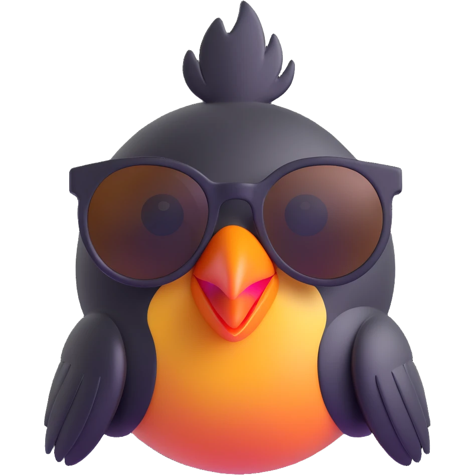 Make the bird emoji more emoji-like with a smooth, shiny 3D look, vibrant colors, and an expressive face. Keep the same pose, orange beak, and round sunglasses. No background. Style should match modern emoji aesthetics. emoji