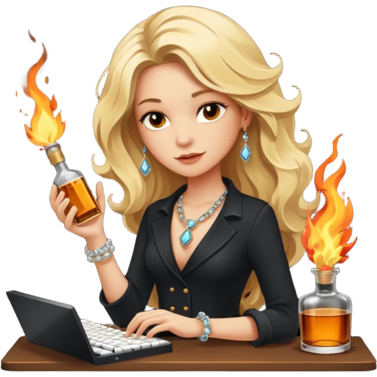 A sketchnote illustration rendered in a strong moody style, featuring a blonde woman with cascading gorgeous hair, a keyboard, a whiskey bottle, a key, a jewelry box, and fire elements against a black background. The lighting is low with low contrast, emphasizing dramatic shadows. emoji