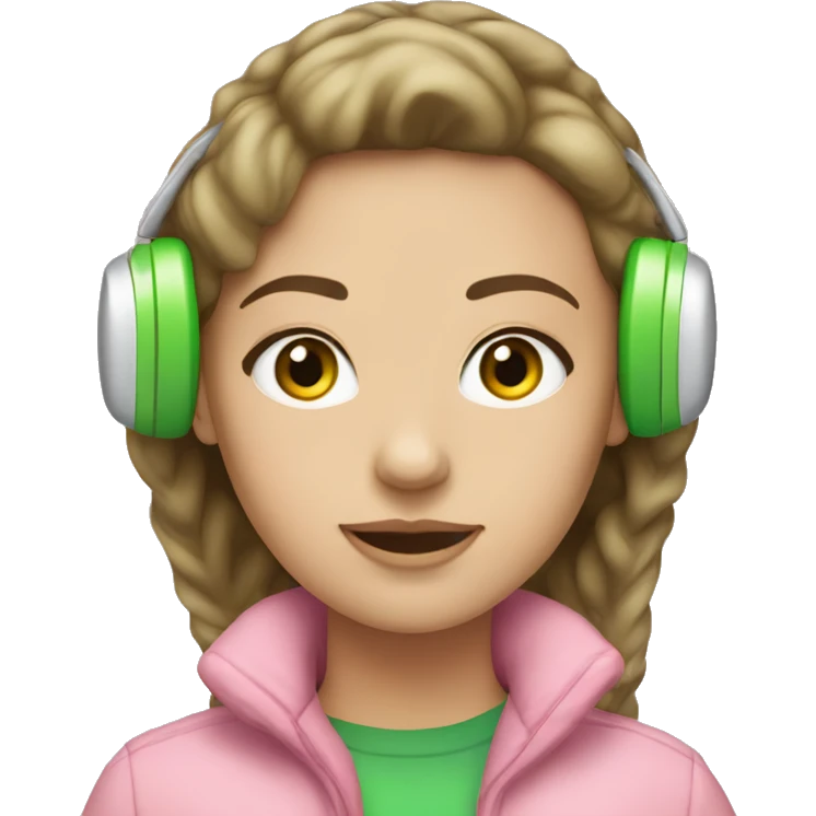 brunette girl with some blonde hair with green eyes wearing light pink ear muffs  emoji