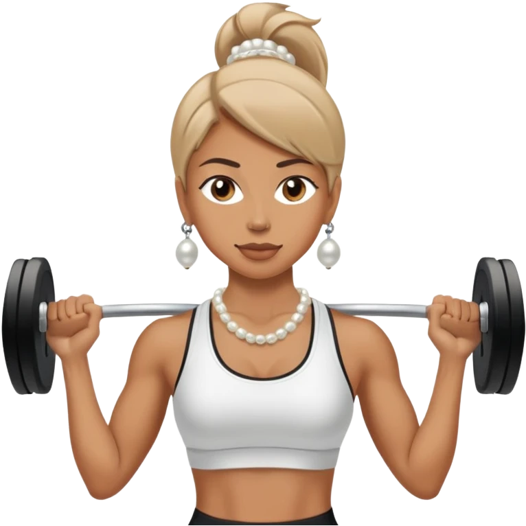 A woman wearing sportswear, a long pearl necklace and is lifting weights emoji