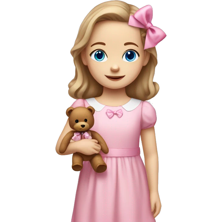 Little Girl with White skin, blue eyes. Light brown hair with pink bows in it.  She is wearing a pink and White dress, standing and holding on to a teddybear with a pink bows. emoji