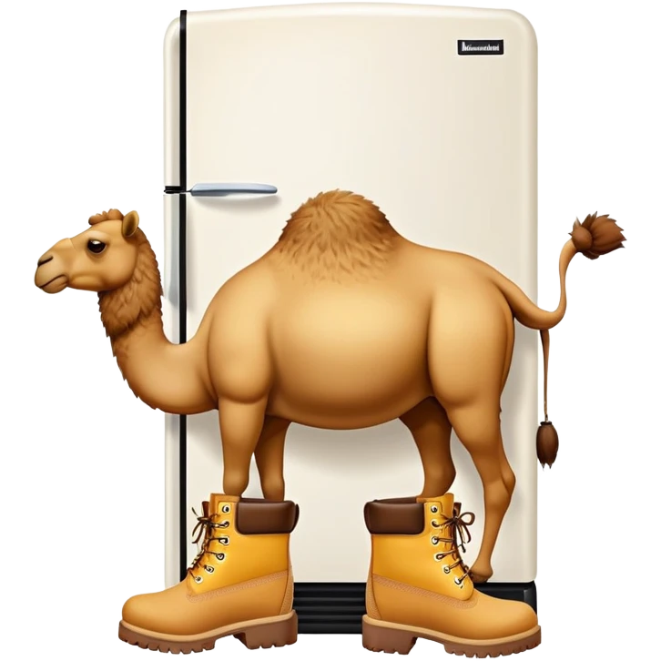 A camel face with long eyelashes on top of a boxy white refrigerator body, with four yellow-brown Timberland boots at the bottom emoji