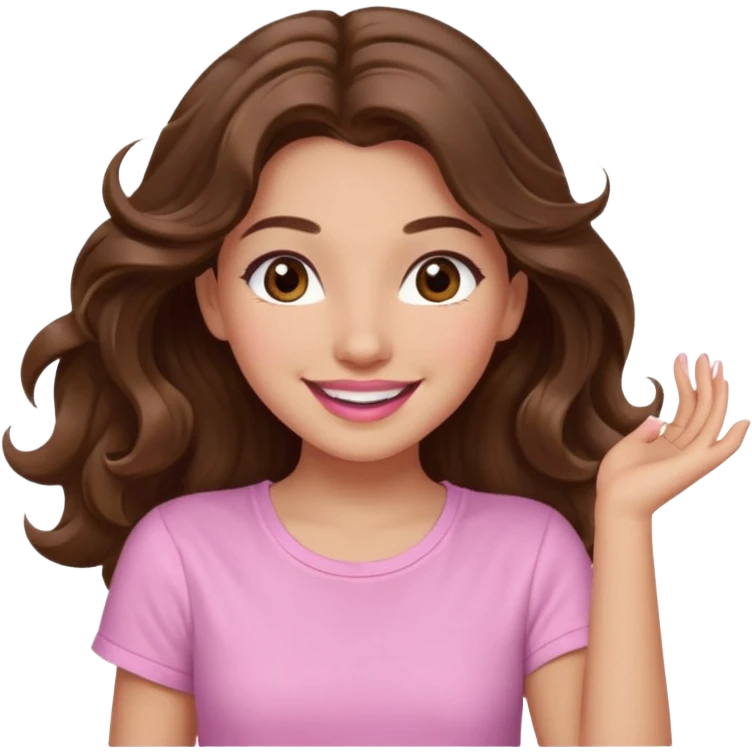 girl with wavy long brown hair, brown eyes, light to medium complexion, long lashes, light pink lipstick, smiling, wearing light pink shirt, dancing emoji