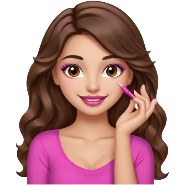 girl with long wavy brown hair, brown eyes, long lashes makeup, sexy pink lips, light to medium complexion, pink sexy top, smiling, hand by the cheek emoji